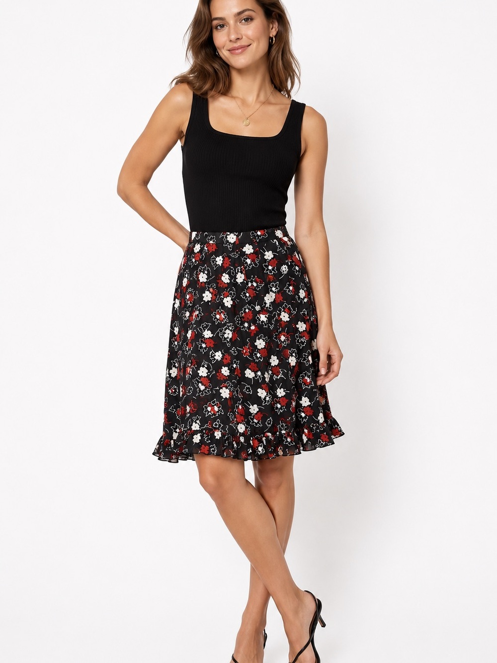 Black Floral Midi Skirt with Ruffle Hem